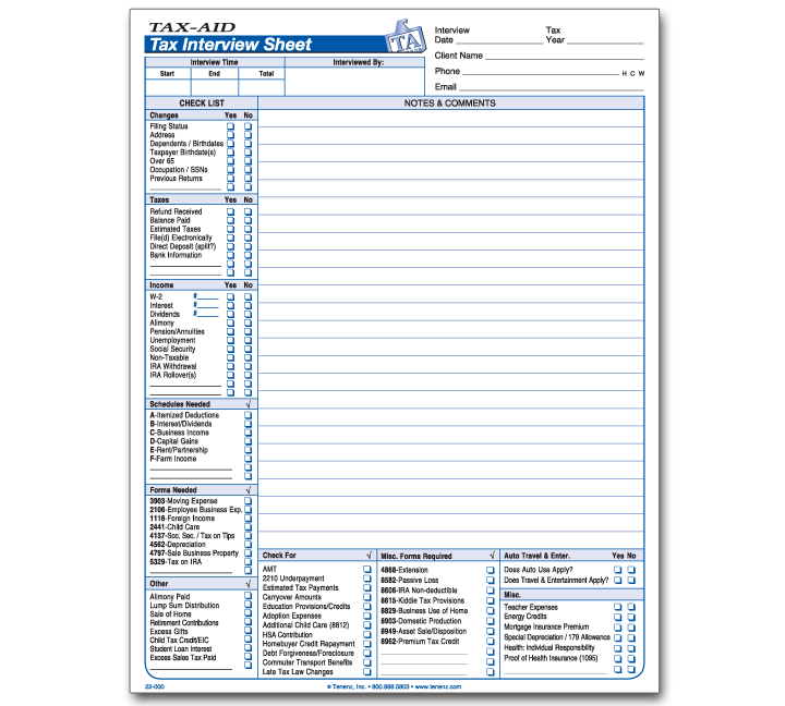 Tax Interview Sheet Pad - Item: #22-000